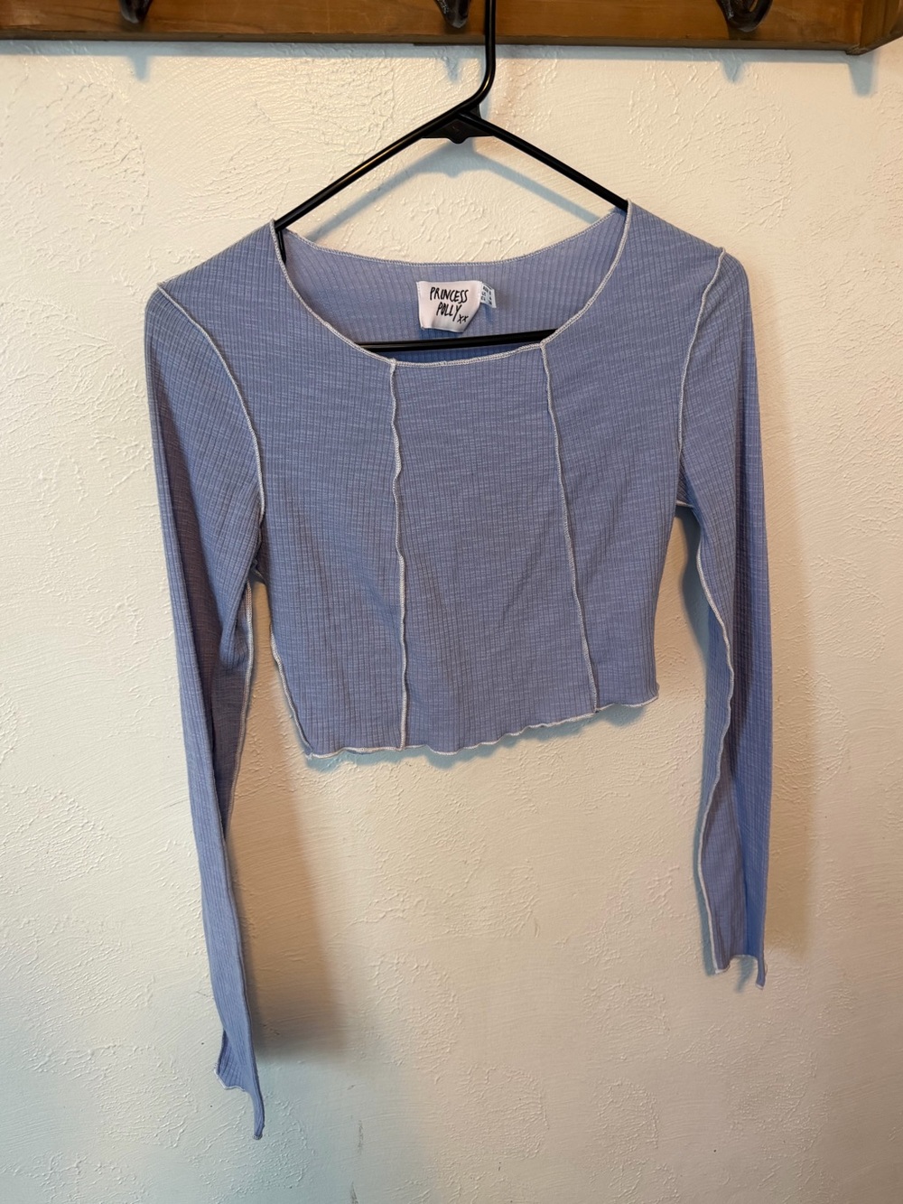 Princess Polly Lavender Ribbed Long Sleeve Crop Top with Contrast Seams